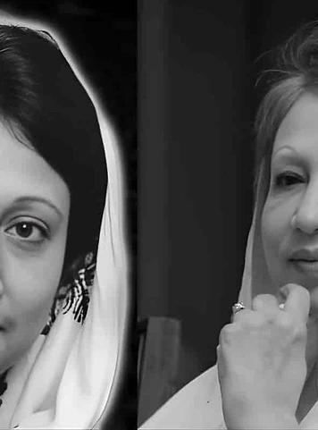 Two portraits of Khaleda Zia side by side, tracing her path from a young leader to the elder stateswoman of Bangladesh